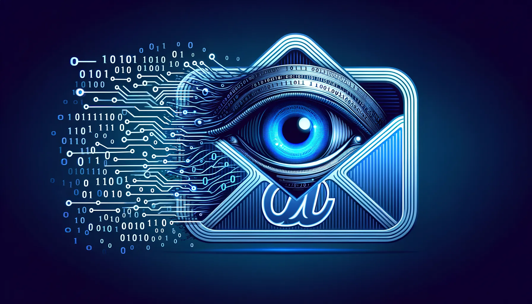 Digital illustration of an AI eye scanning through a Gmail envelope with data streams