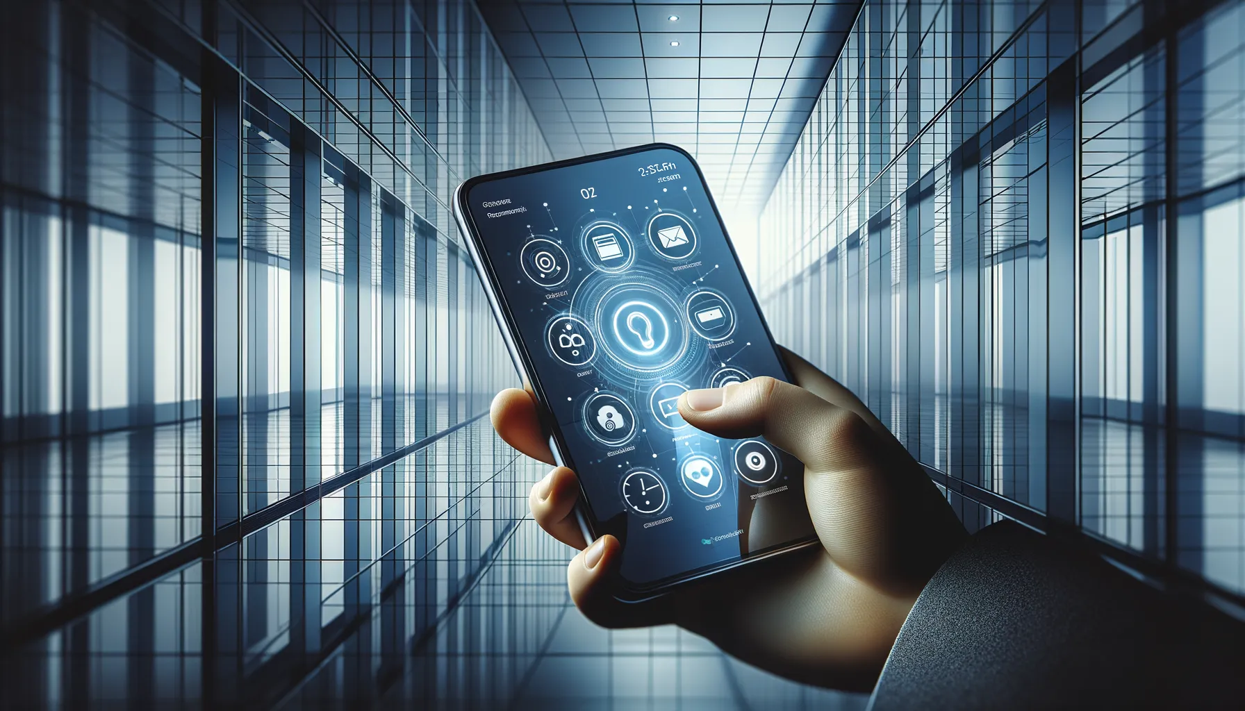 Hand holding a smartphone near a glass government building reflecting technology and authority