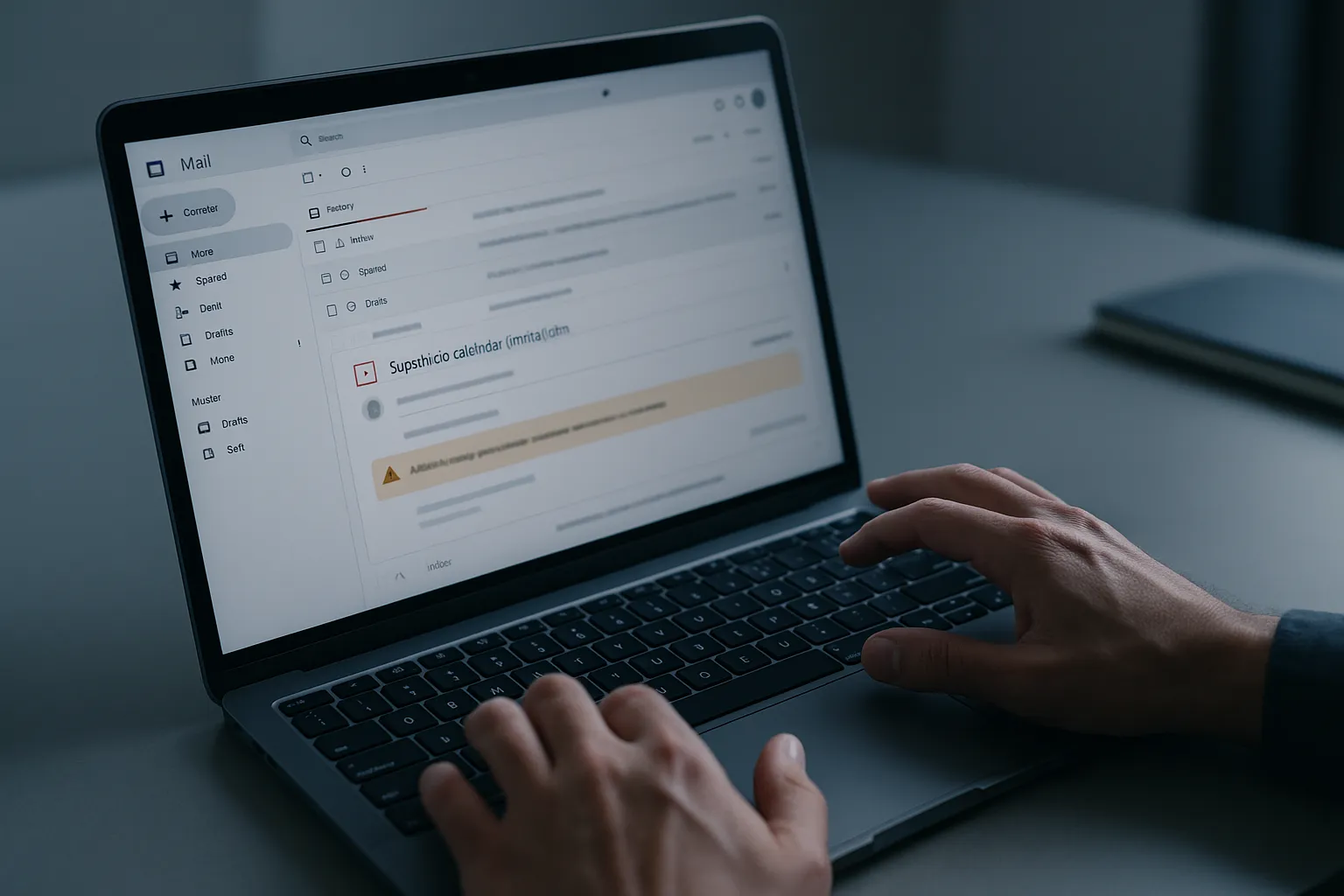 A Gmail inbox on a laptop screen flagging a suspicious calendar invitation and a phishing message