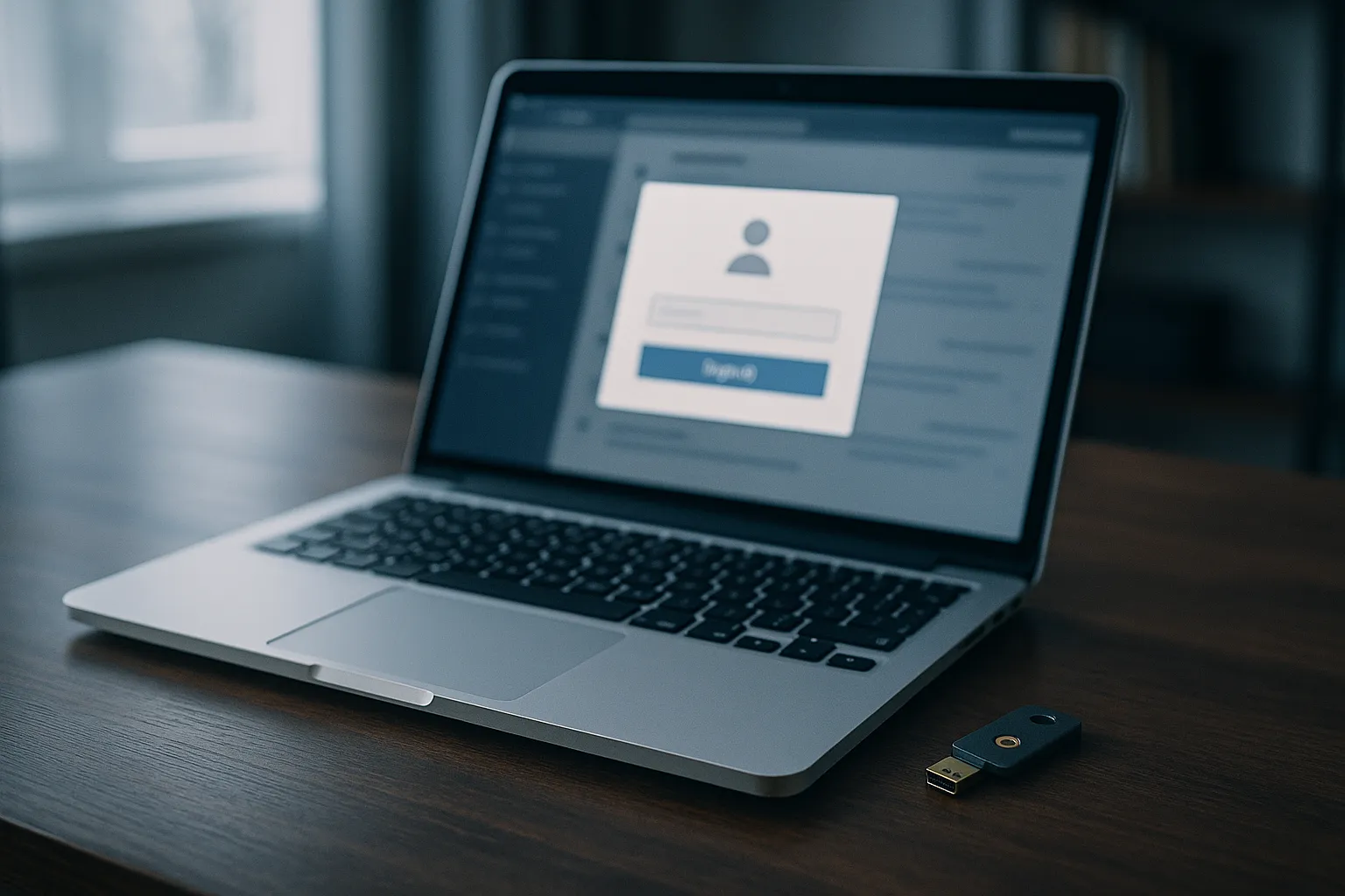 Open laptop on a dark wooden desk showing a browser sign in prompt, with an unplugged hardware security key resting on the desk beside it