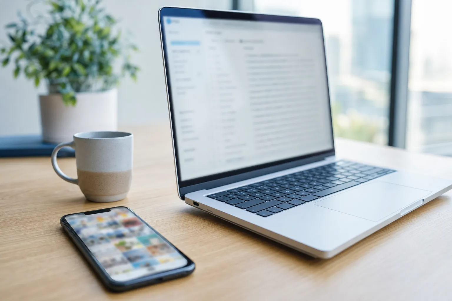 A smartphone showing a blurred photo gallery beside a laptop with a blurred email inbox on a bright desk