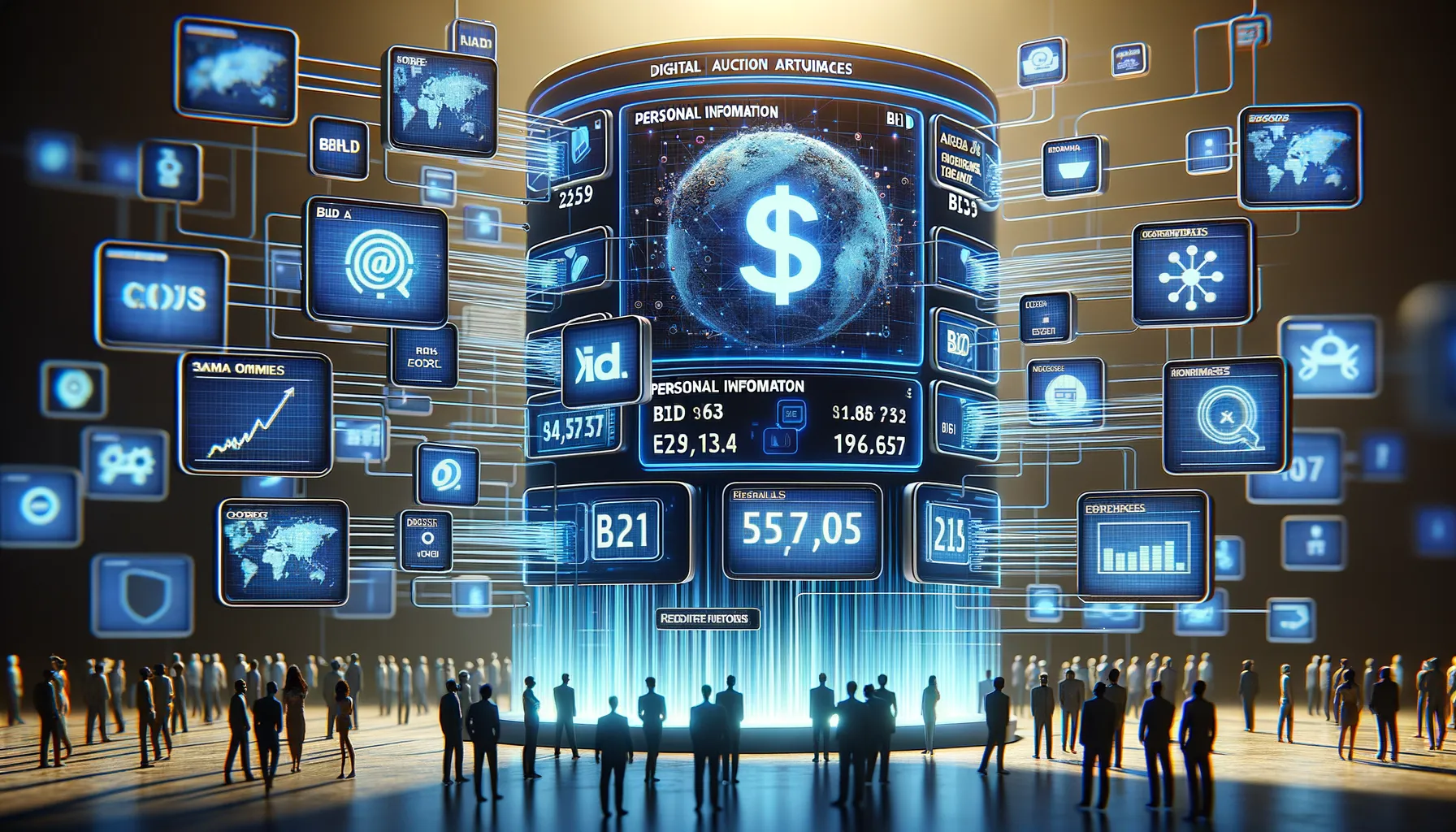 Digital auction display showing data streams flowing between advertising platforms