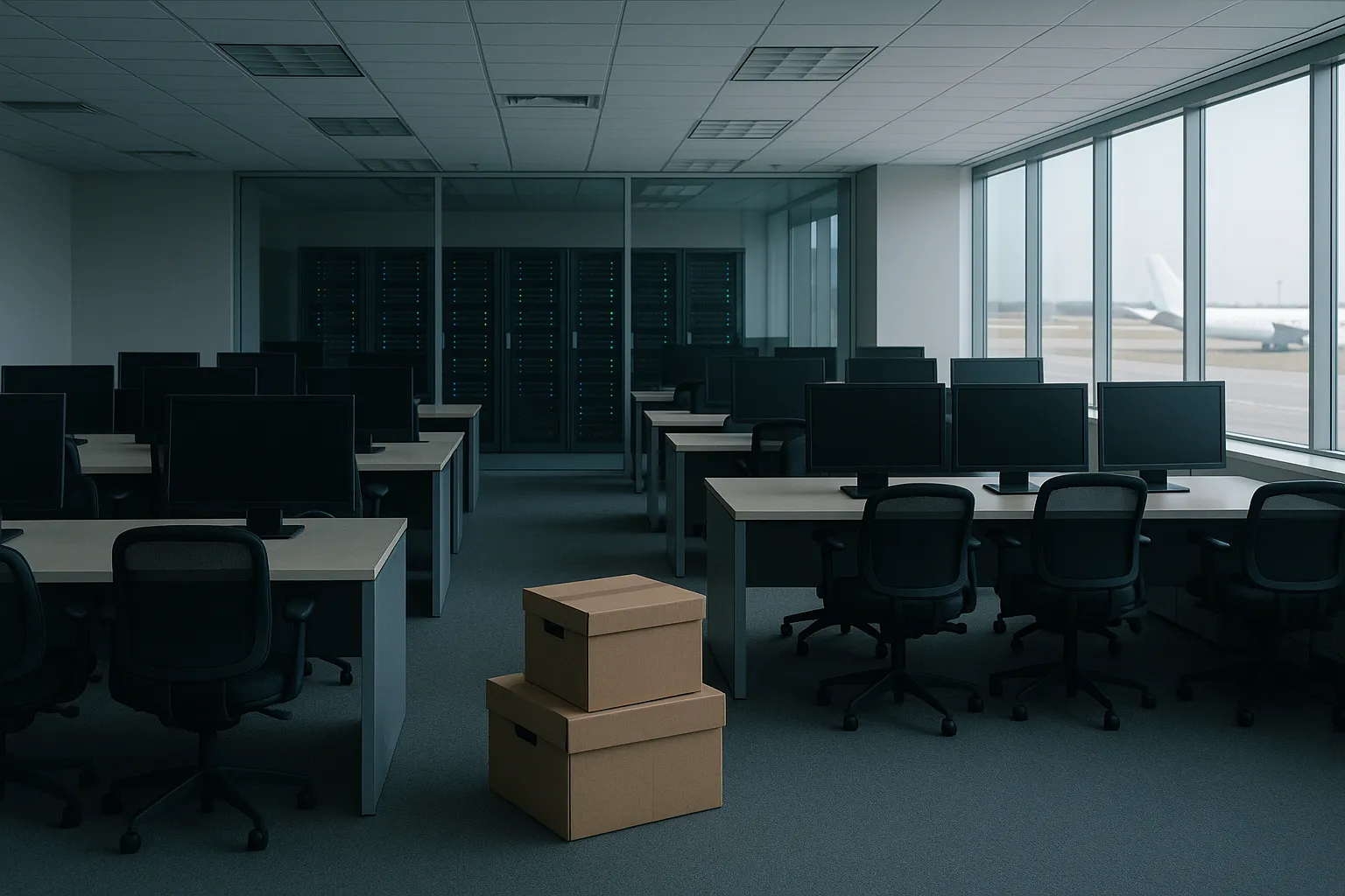 An empty corporate office with switched off monitors, archive boxes on the floor and server racks behind a glass wall, with an aircraft visible through the windows