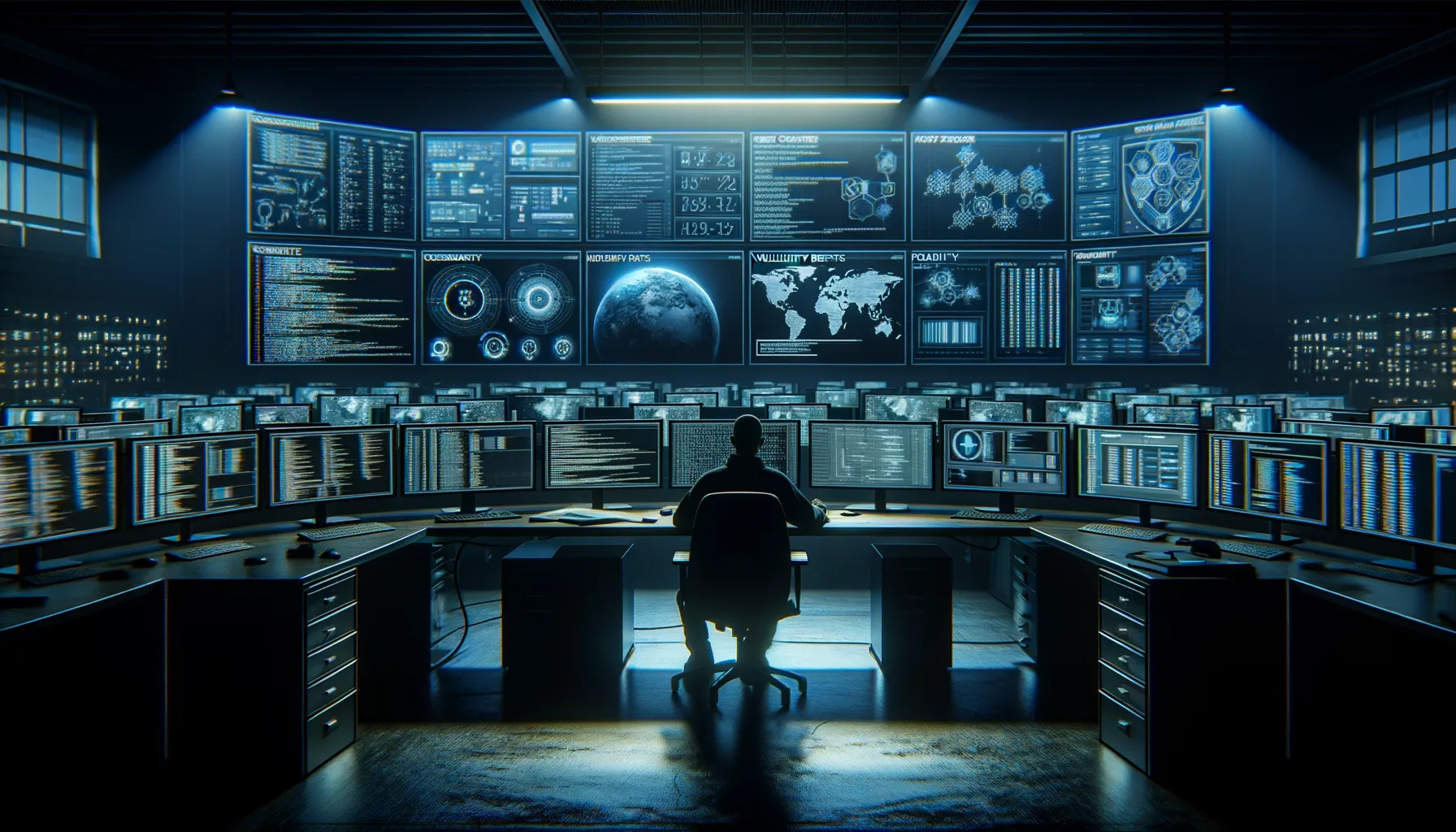 A dimly lit operations center with multiple monitors displaying code and network vulnerability data, cast in blue and indigo light