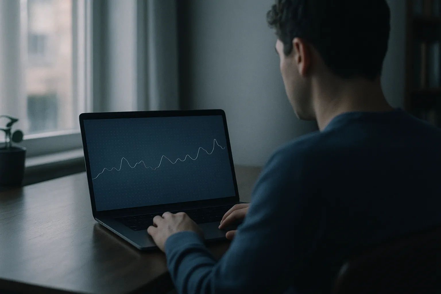 An editorial photograph of a person at a laptop in muted indigo light, with a faint pattern of repeating data points on the screen suggesting a behavioral timeline being matched to an identity