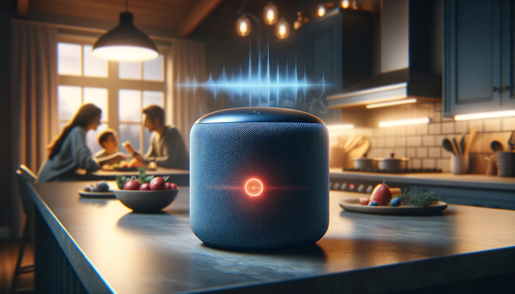 Smart speaker device on kitchen counter with visible recording indicator light during family dinner