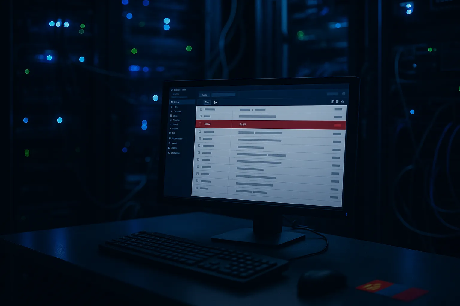 A dark server room with monitors showing an email inbox, representing the GopherWhisper espionage group using Outlook drafts for command and control