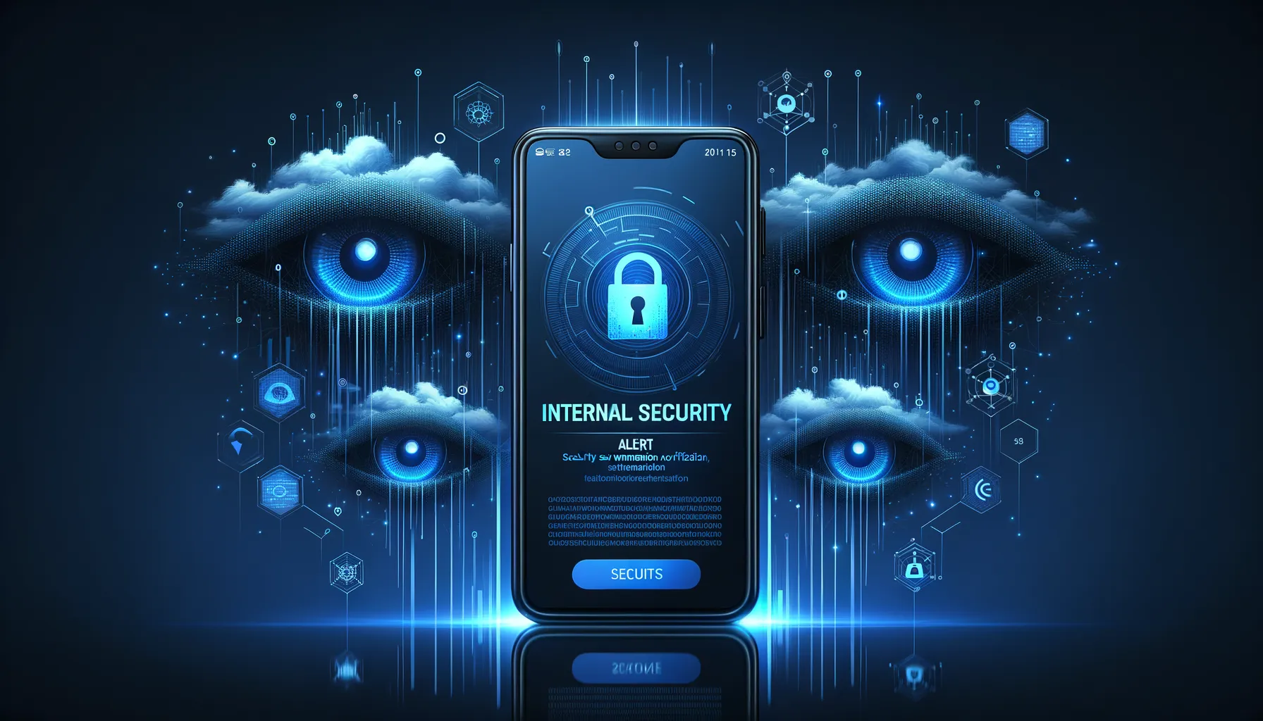 Smartphone displaying security alert notification with digital surveillance elements