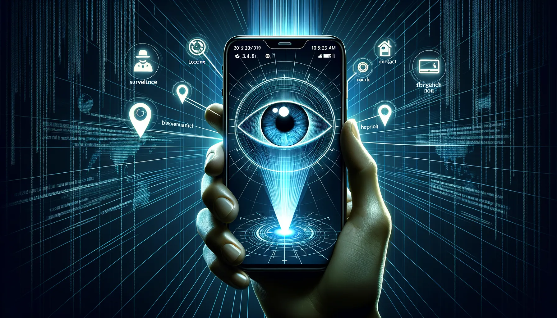Smartphone displaying surveillance eye with data streams flowing outward representing metadata collection