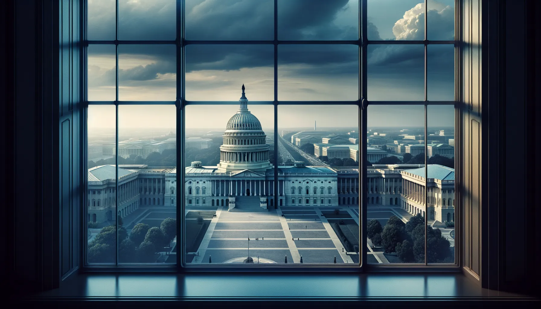 The United States Capitol building seen through surveillance camera footage with a subtle digital overlay