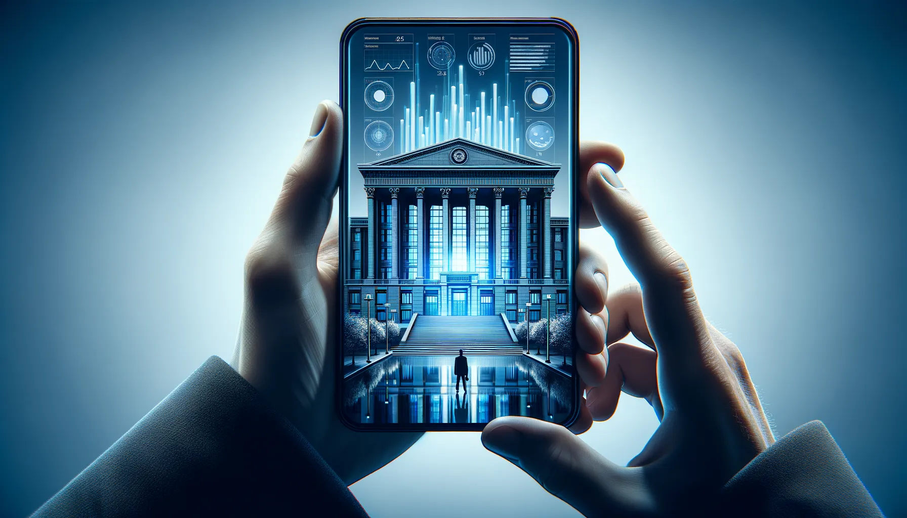 Government building reflected in a smartphone screen with data visualization overlays