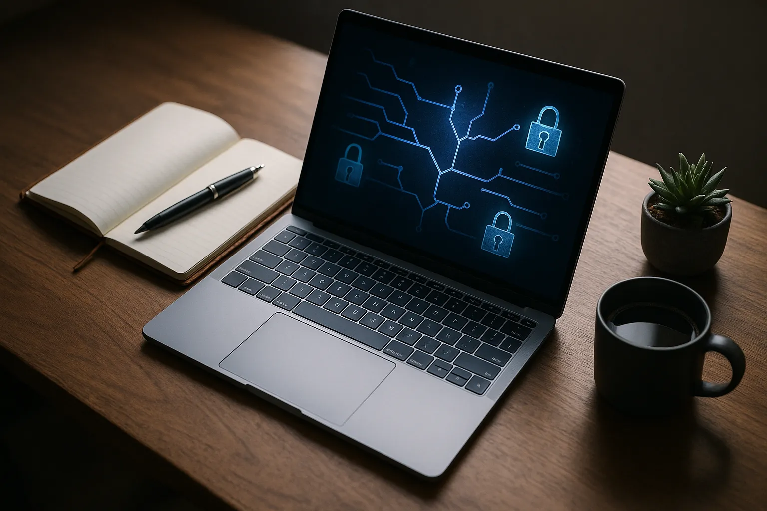 A developer laptop on a desk with an abstract representation of stolen source code and a glowing padlock, representing a GitHub token breach
