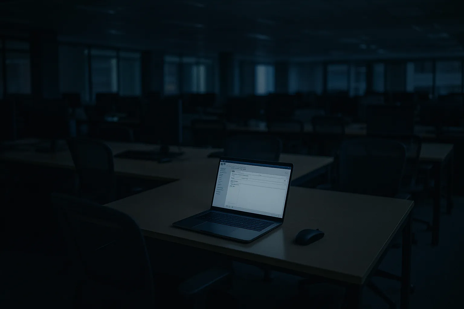 A dimly lit open plan office after hours with a single laptop screen glowing on an empty desk