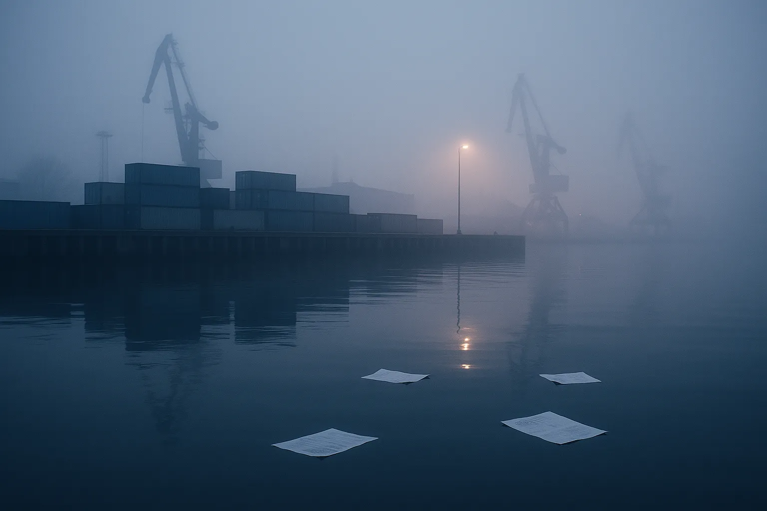 A misty Eastern European industrial harbor at dawn with stacked shipping containers along a pier, soft fog drifting across the water, indigo and blue tones
