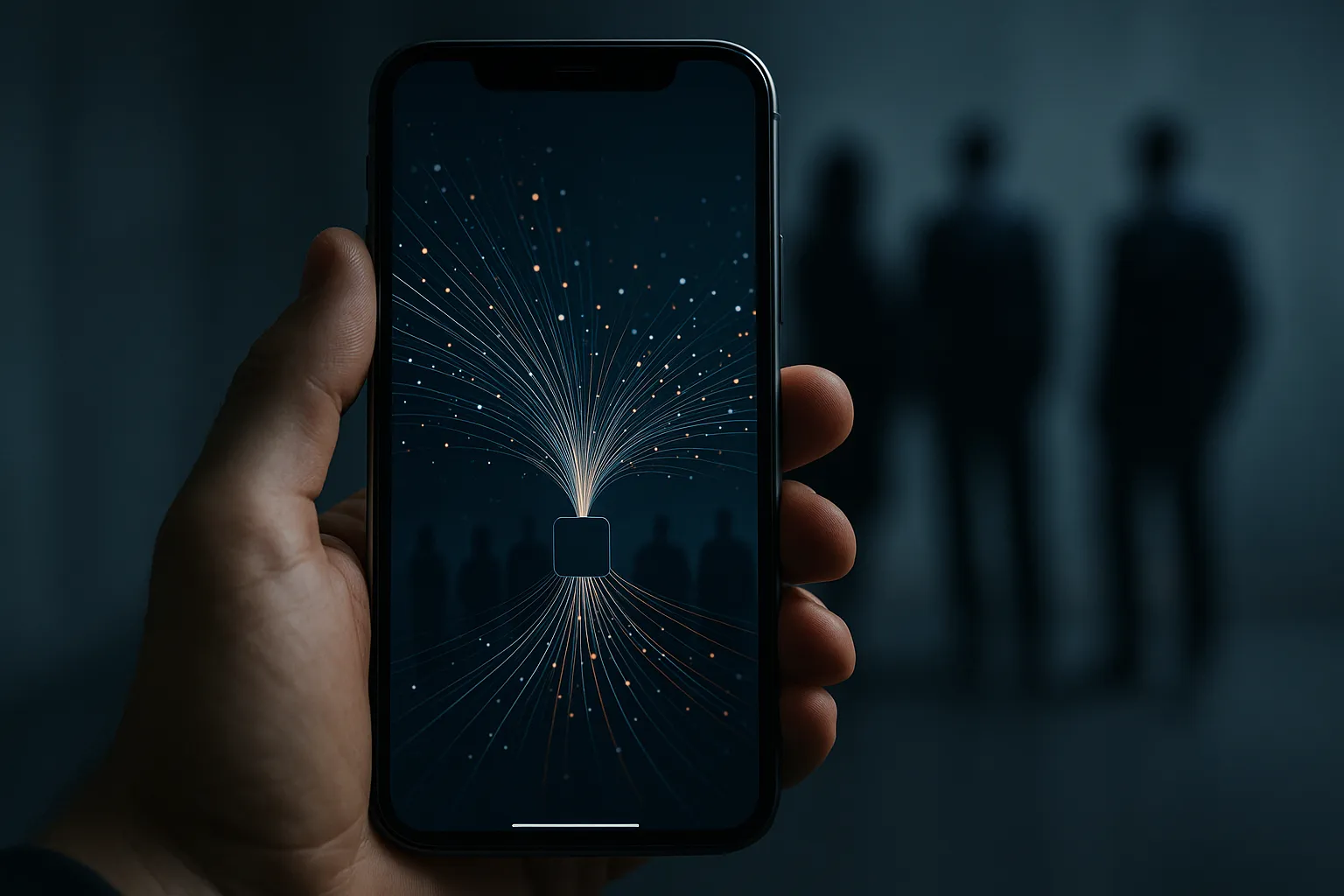 Smartphone displaying a network traffic visualization with data streams flowing outward from a single app toward corporate silhouettes, indigo and charcoal background representing third party data exposure