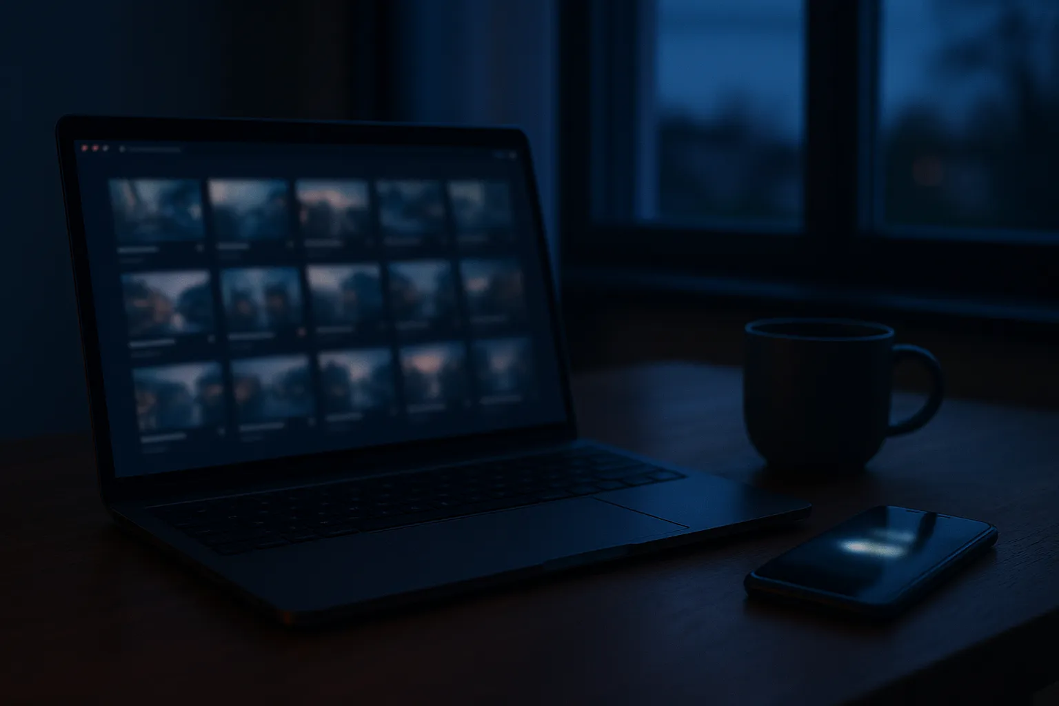 A laptop on a desk at dusk showing a blurred grid of screenshot thumbnails, with a smartphone and a coffee mug beside it in cool blue evening light