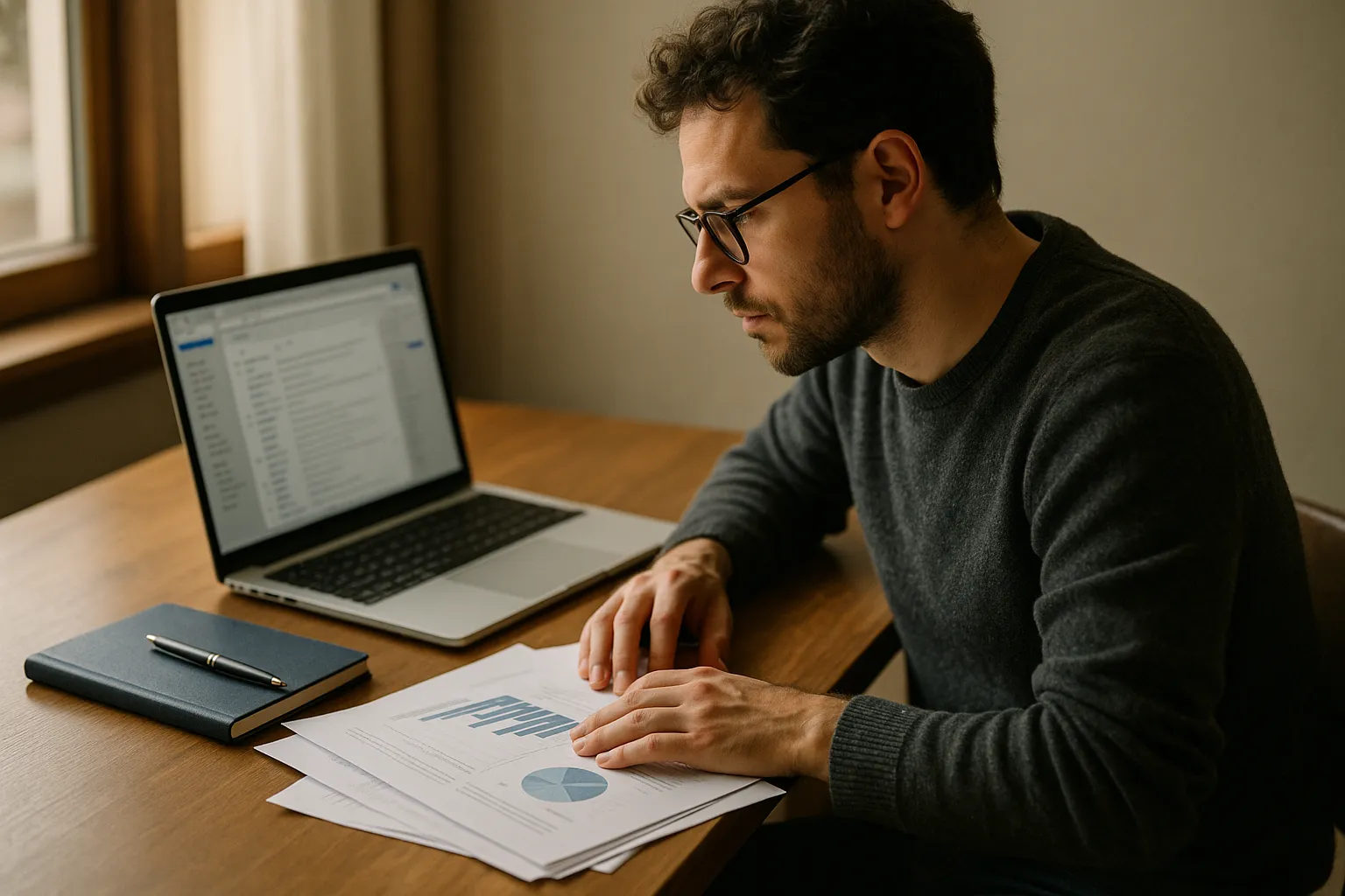 A photograph of an academic researcher at a desk with a laptop showing an email inbox interface in soft focus, indigo notebook and pen nearby, warm window light