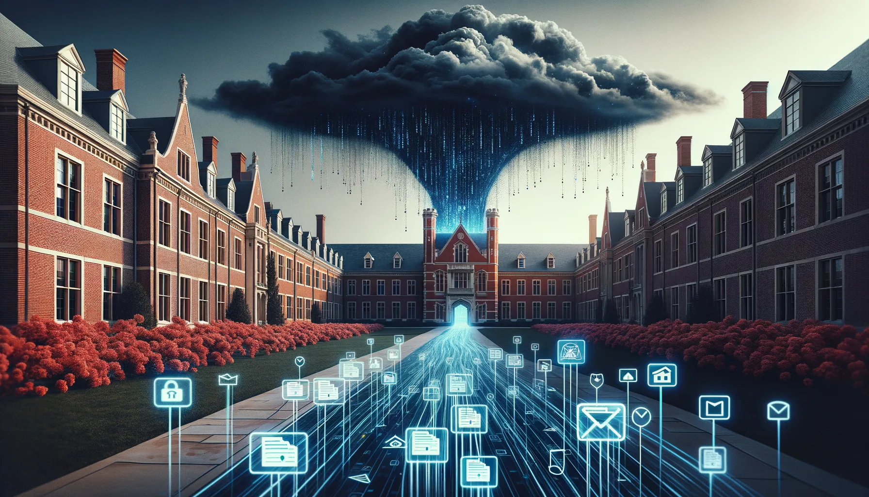 Ivy League university campus with digital records floating away representing data breach