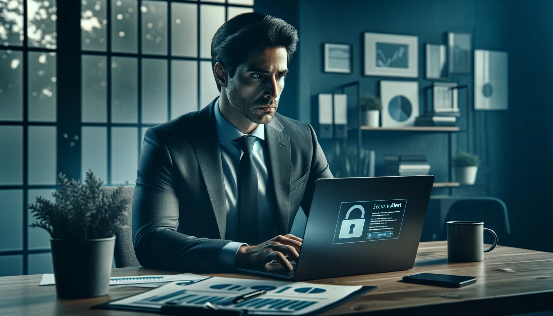 Financial office scene illustrating a wealth management data breach scenario