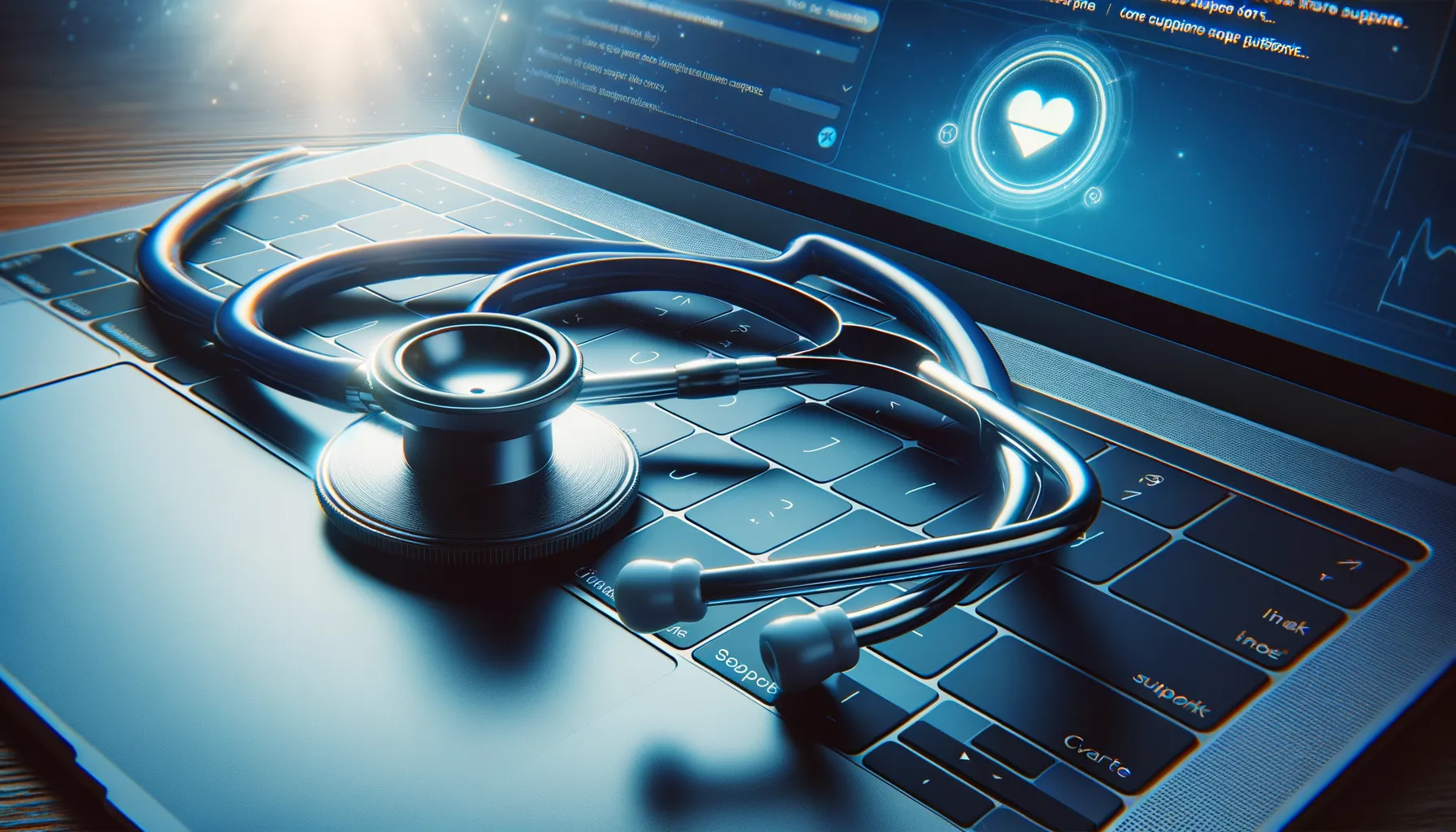 Medical stethoscope on a laptop keyboard with support chat visible on screen