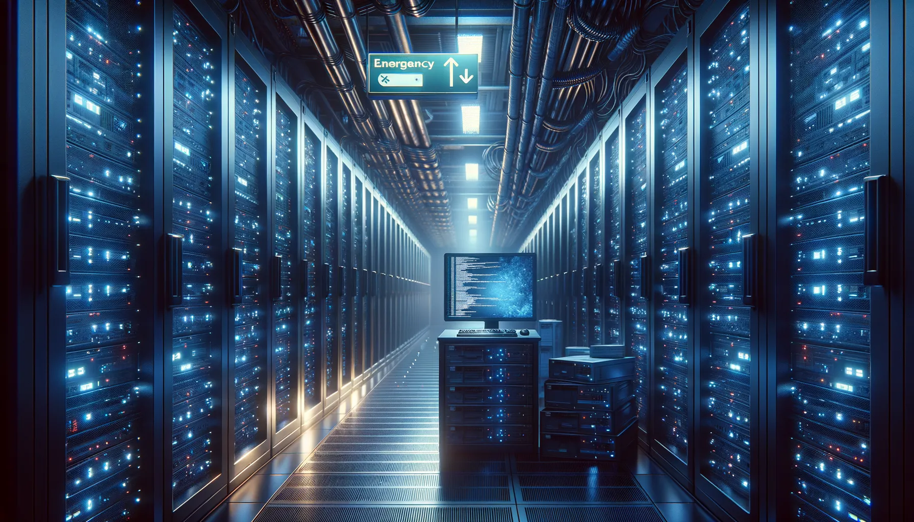 A dark server room with rows of blinking servers and a terminal screen showing code with an ominous blue glow representing AI-generated malware