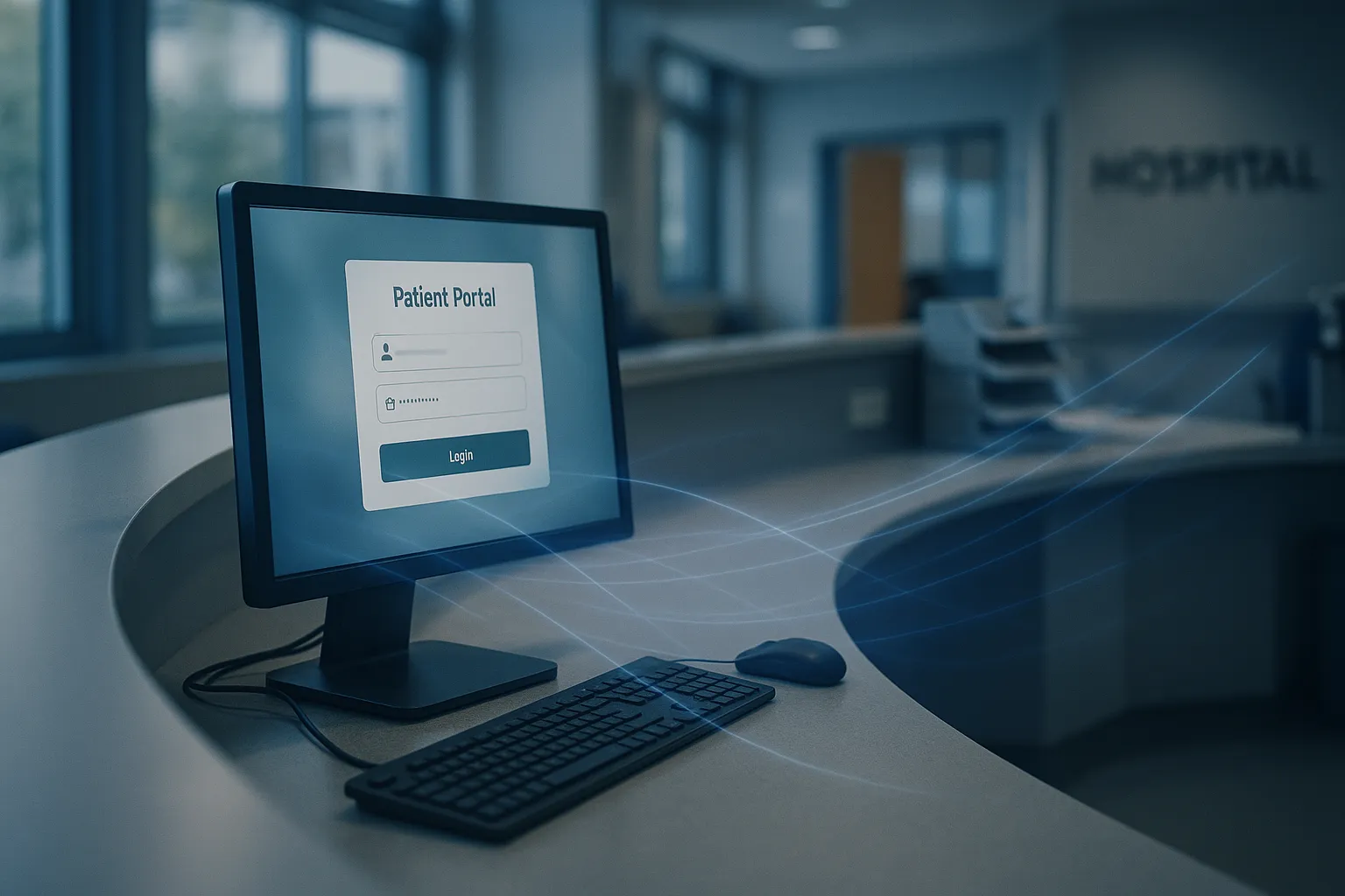 Hospital reception desk with a computer screen showing a patient portal, symbolizing patient data being tracked through invisible pixels