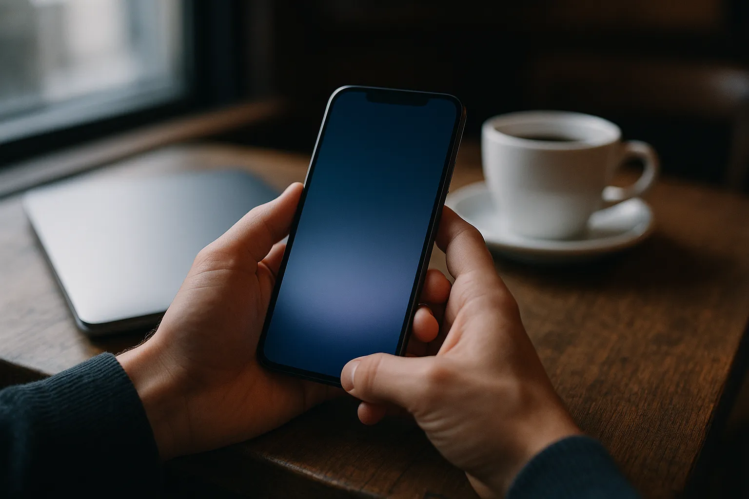 Two hands holding a smartphone at a wooden table beside a closed laptop and a coffee cup in soft morning light