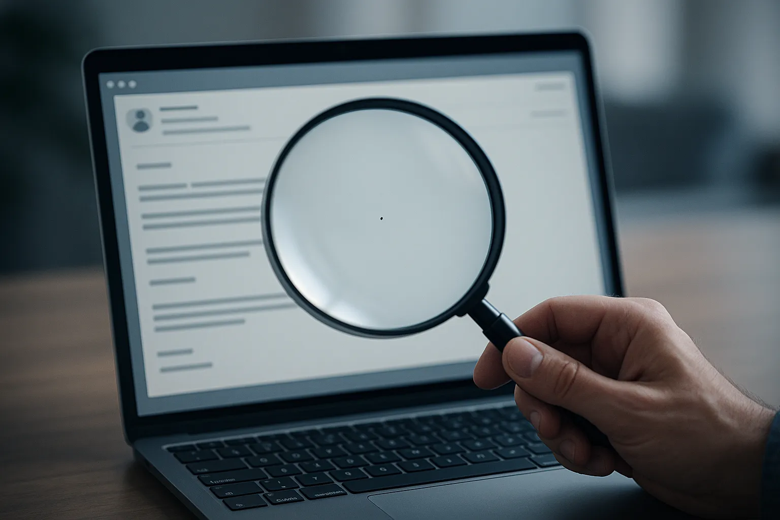 A magnifying glass held over an email on a laptop screen revealing a tiny hidden tracking pixel