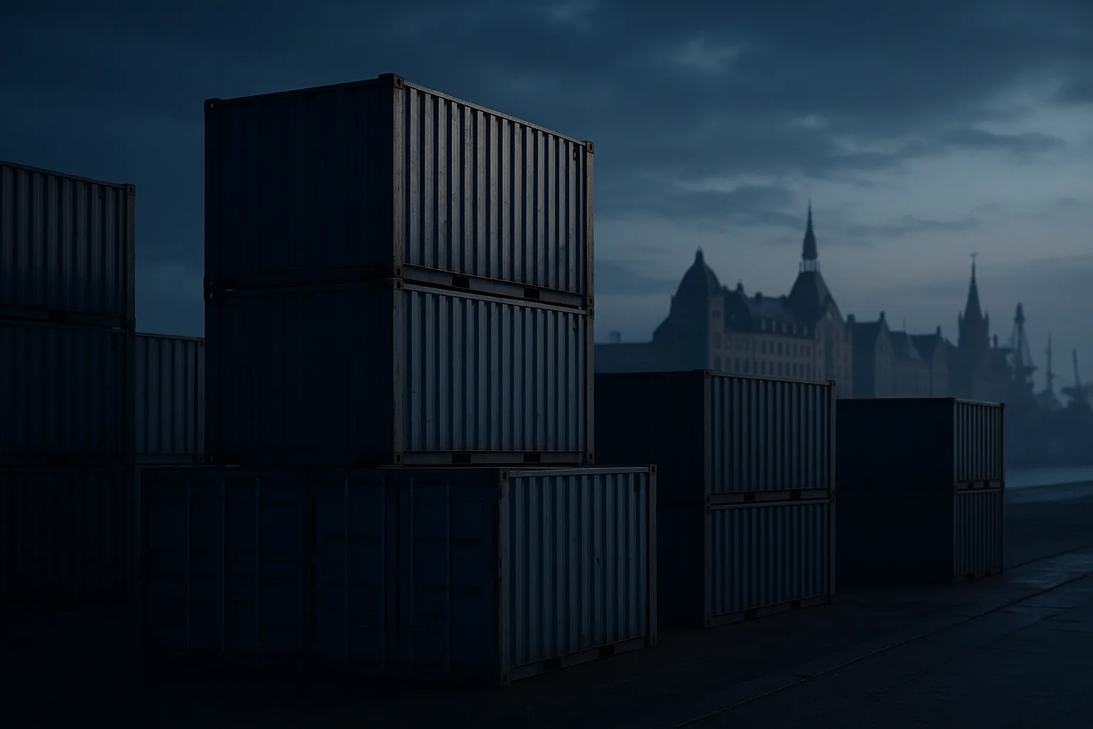 Stacked shipping crates on an industrial European dock at dusk with soft side lighting, representing the export of surveillance technology from EU member states to authoritarian governments