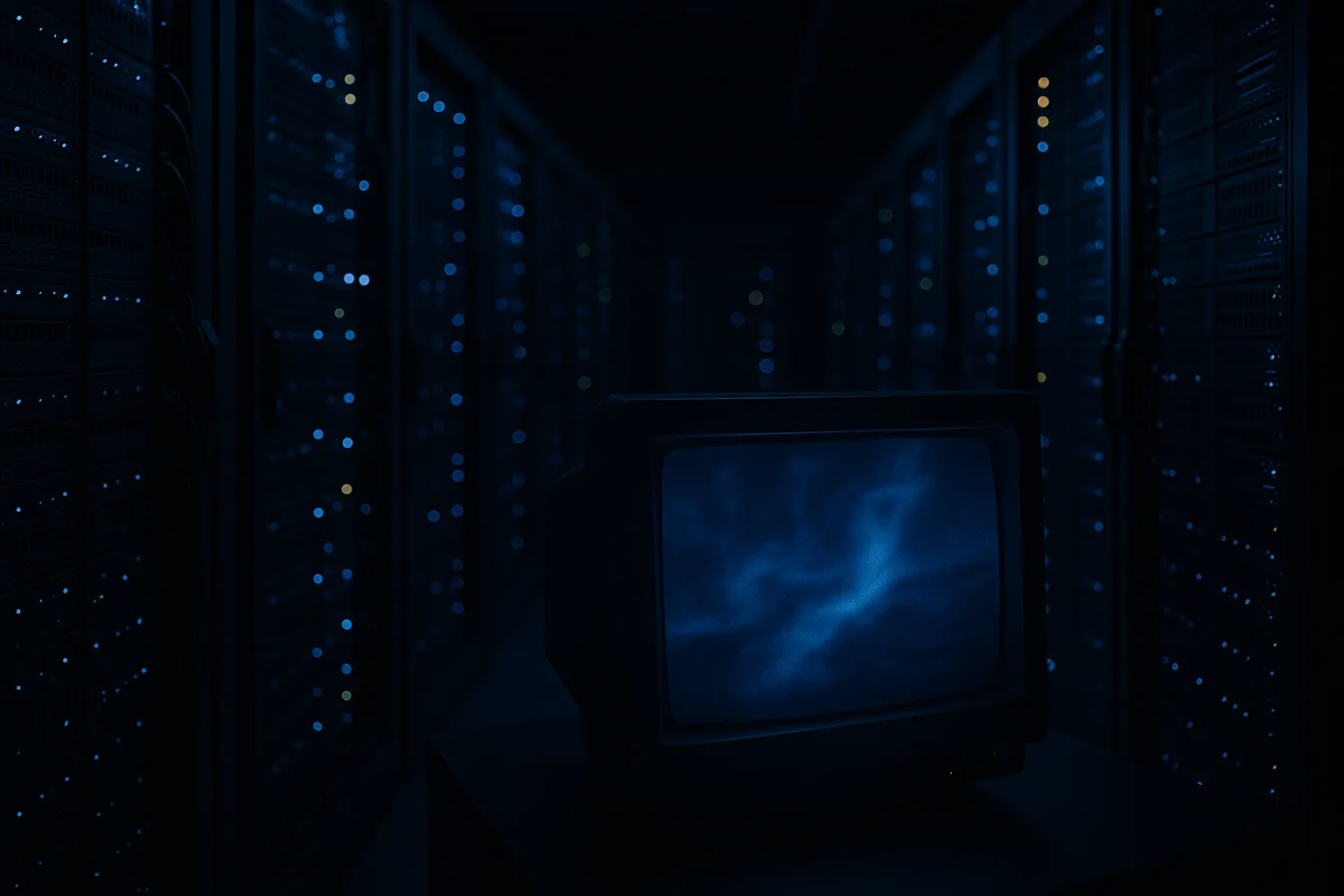 Rows of server racks in a data center with a single terminal screen glowing blue in the foreground, representing an autonomous AI agent breaching cloud infrastructure
