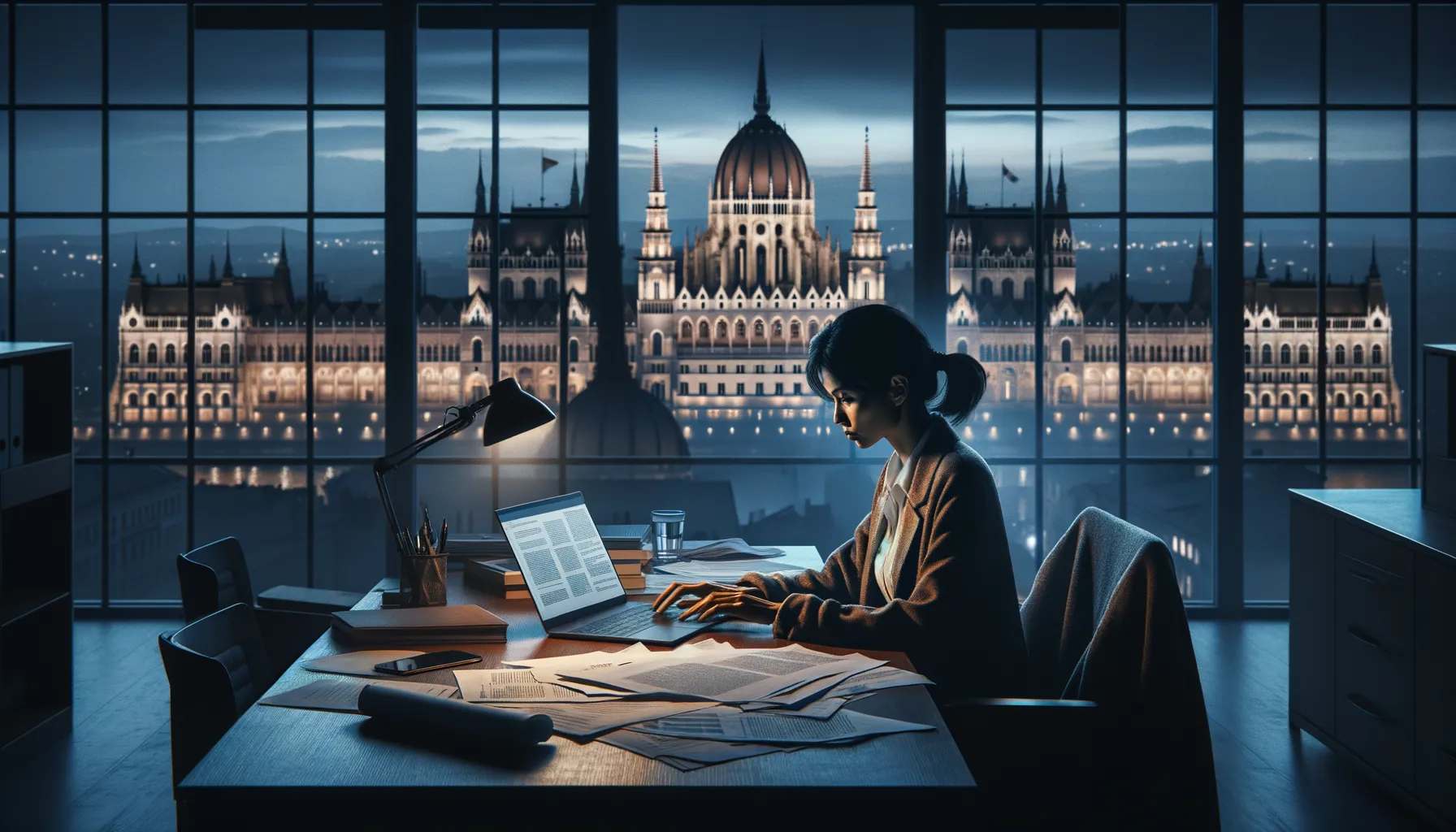 Journalist working at desk with Hungarian Parliament visible through window at dusk