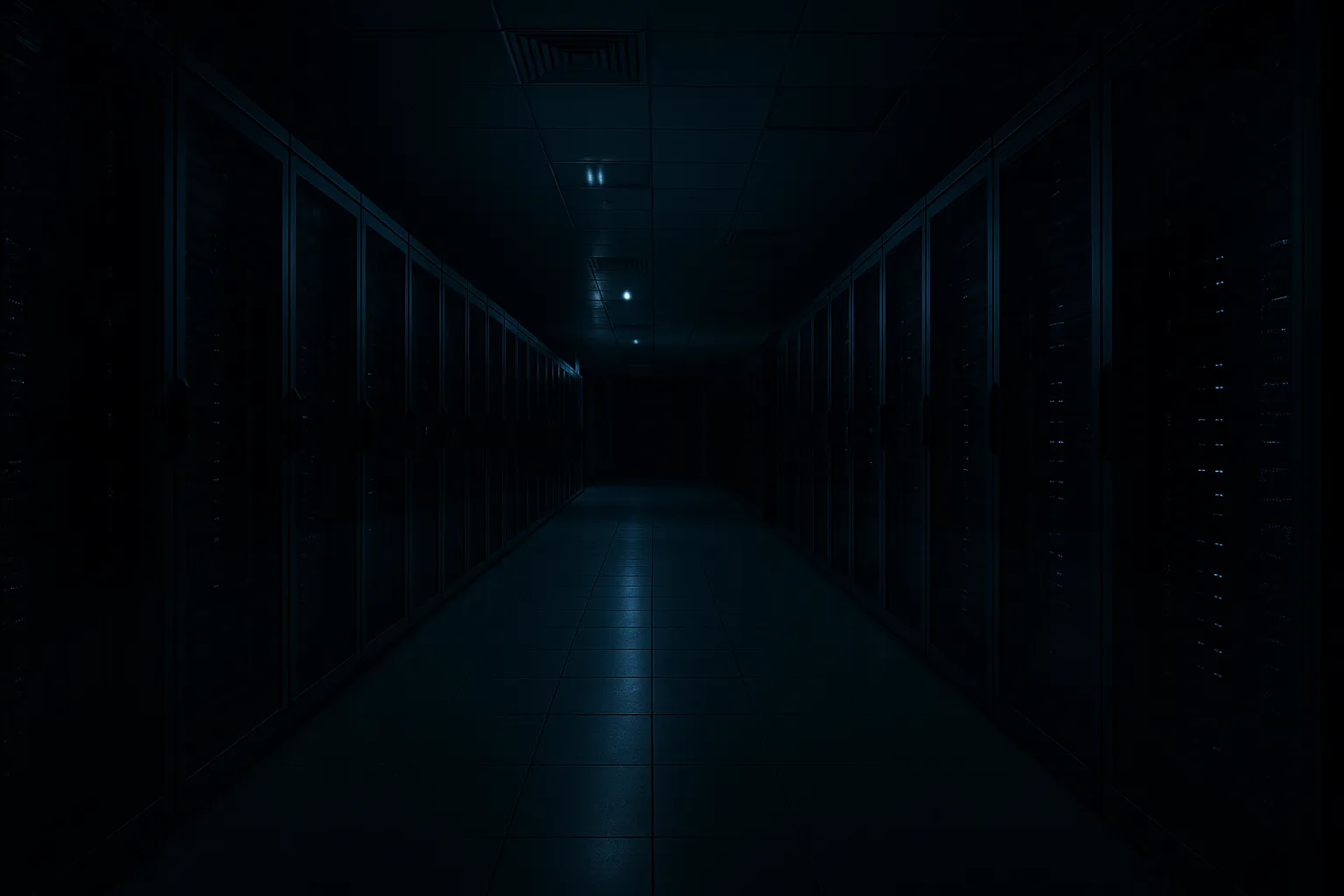 An empty corporate server room with ominous blue emergency lighting, suggesting a concealed security breach in a major technology company