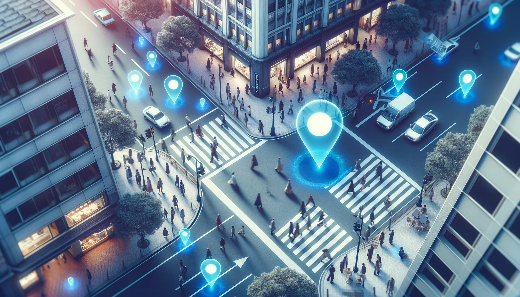 A city street scene with location pins floating above pedestrians illustrating digital tracking and surveillance