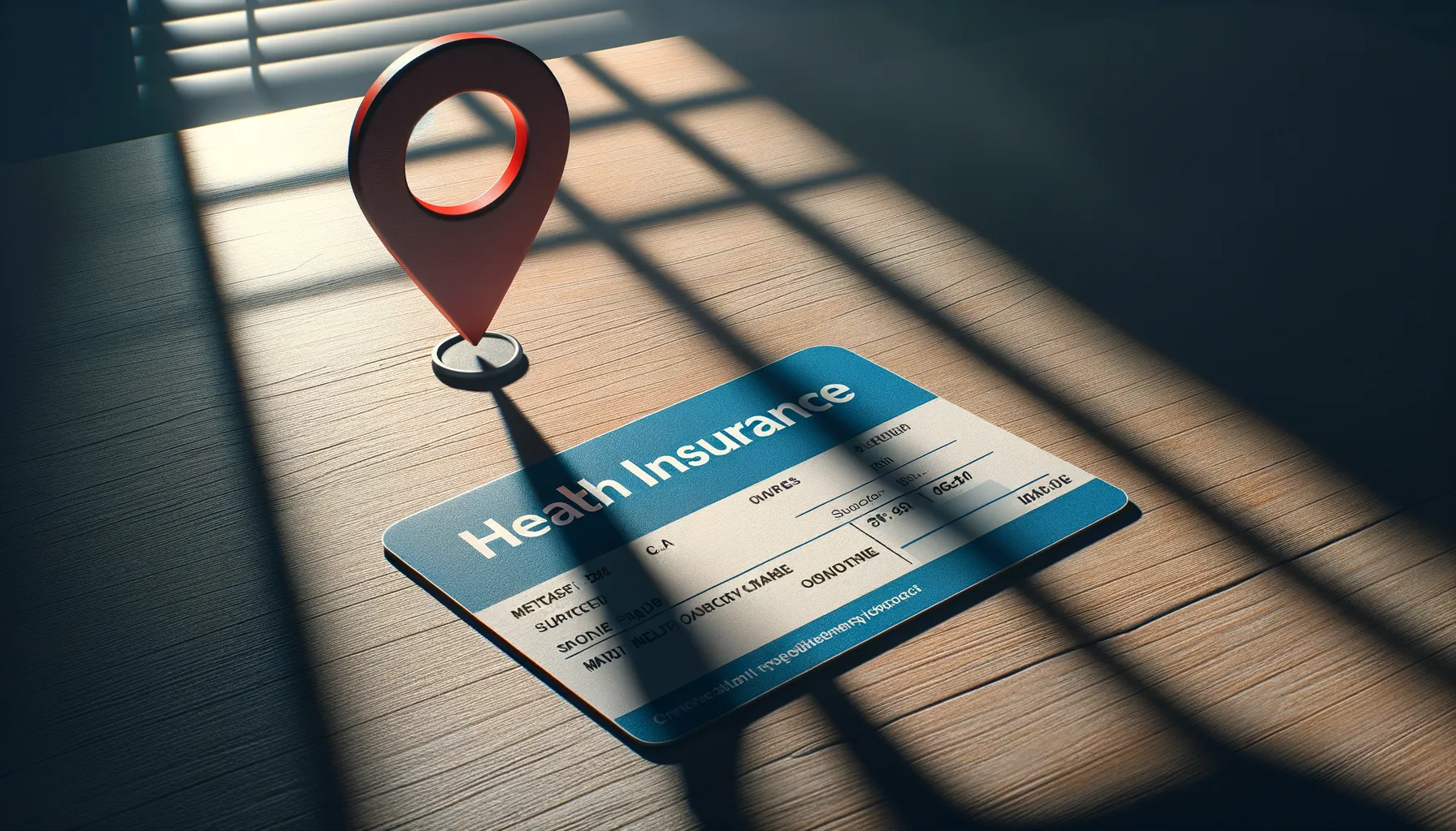 Health insurance card casting shadow that transforms into map location pin, suggesting healthcare data repurposed for surveillance