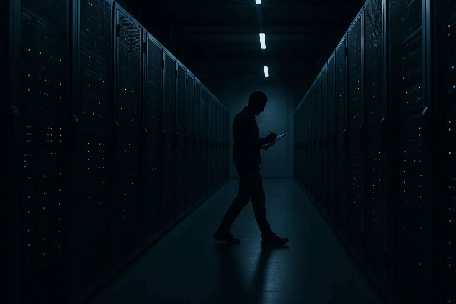 A silhouetted figure walking through a dark data center server room checking a clipboard, rows of server racks lit by dim overhead lights, representing a data aggregation platform like CLEAR