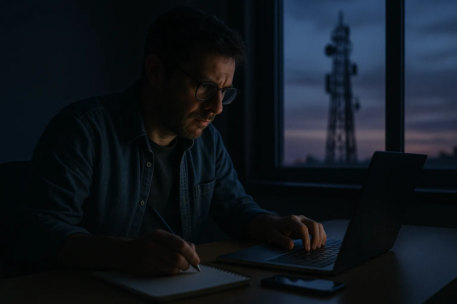 Journalist working at a desk in a low light office with a smartphone and notebook, telecommunications tower silhouette visible through a window at dusk