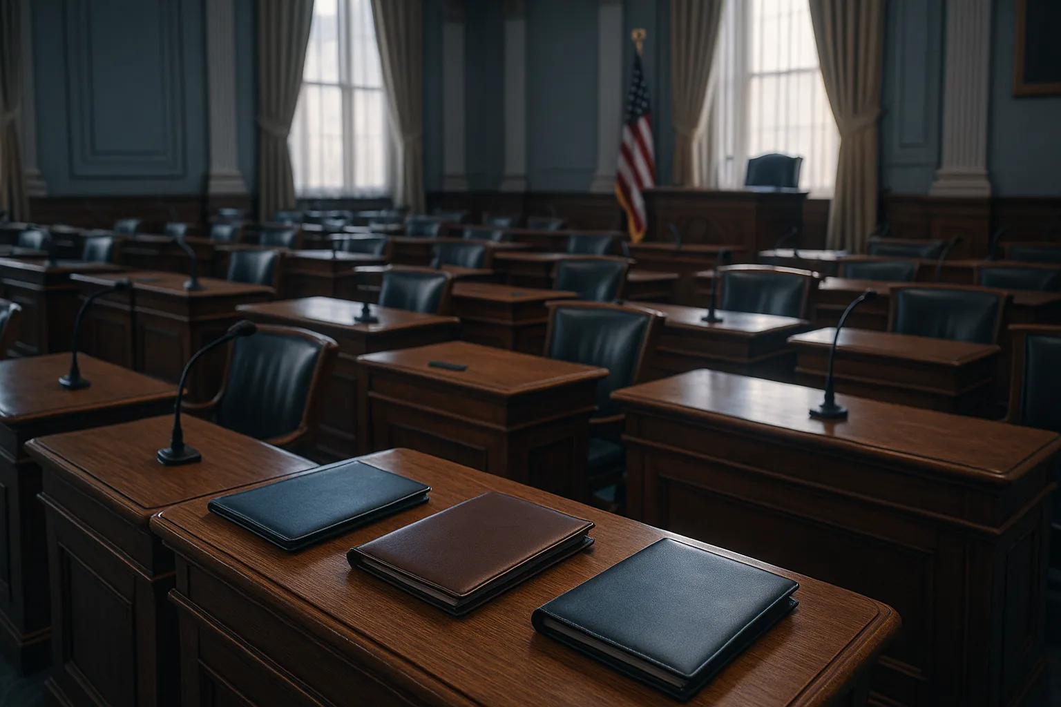 A state legislative chamber with rows of empty wooden desks, an American flag, and three closed leather portfolios on separate desks