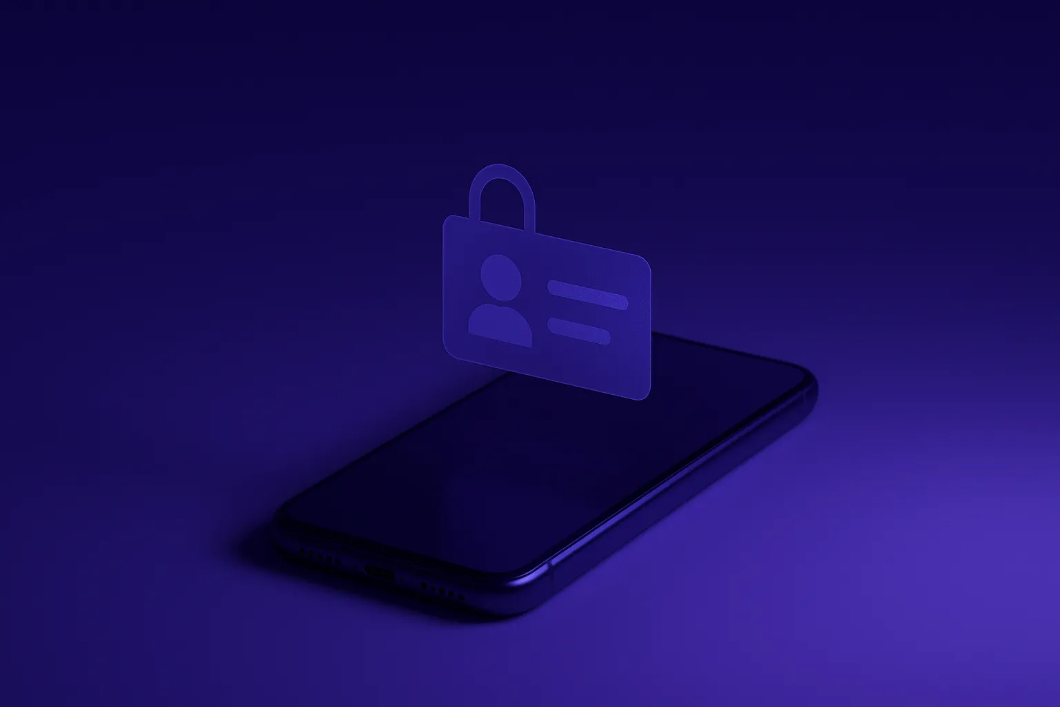 A smartphone on a clean surface with a translucent lock and ID card hovering above the screen, representing device level age verification built into every device