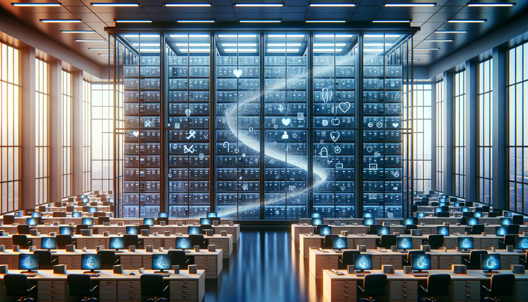 Government building with filing cabinets visible through windows and translucent data streams flowing outward, representing health data exposure