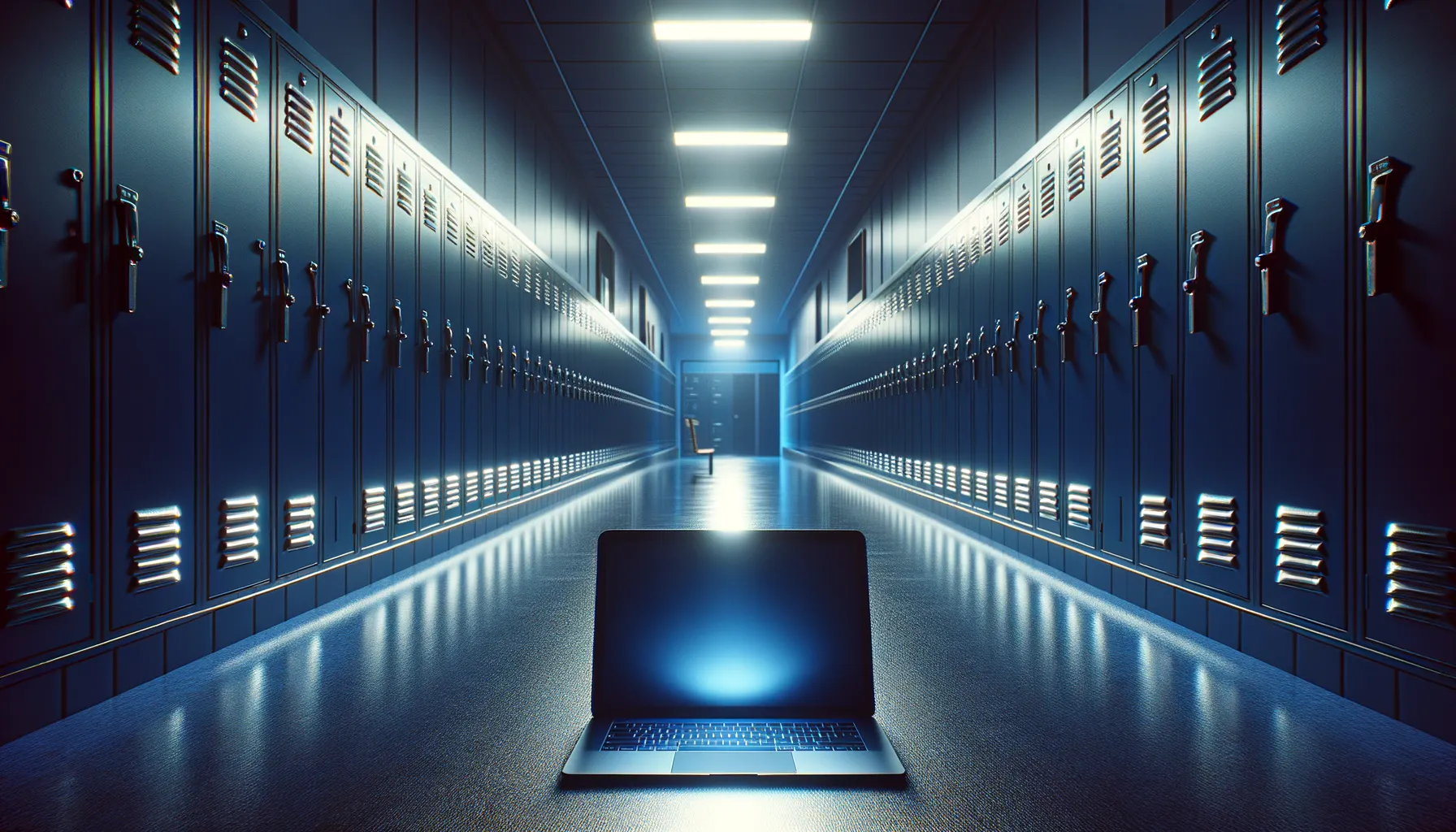 Empty school hallway with lockers and a glowing laptop on the floor