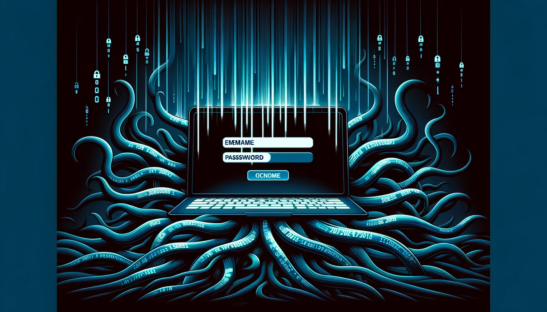 Digital illustration of credential data streams being stolen from a laptop by malicious code