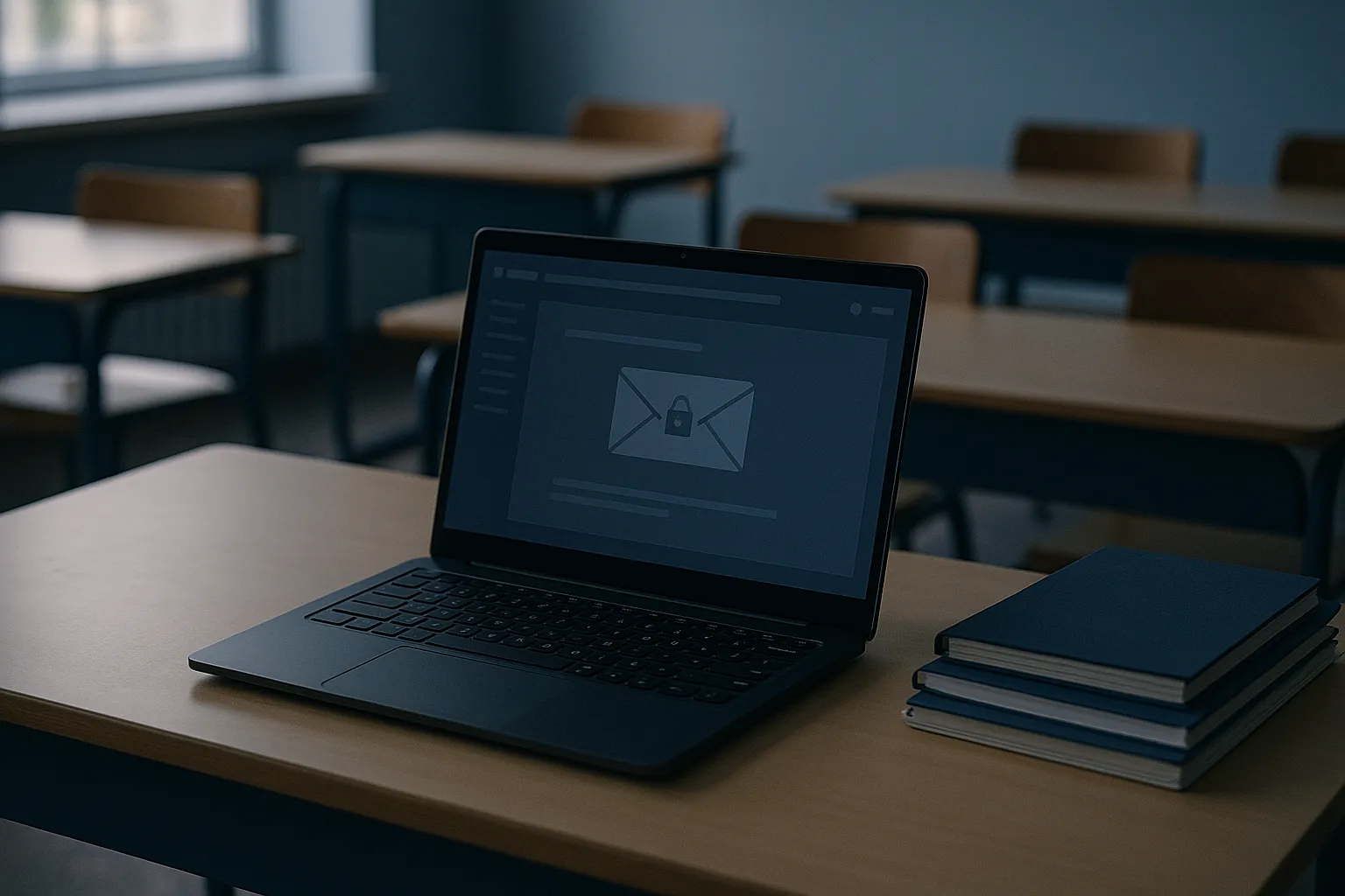 An empty classroom desk with an open laptop showing a dimmed learning platform interface and a stack of student notebooks pushed aside, illustrating a cyber incident at the Canvas LMS used by tens of millions of students