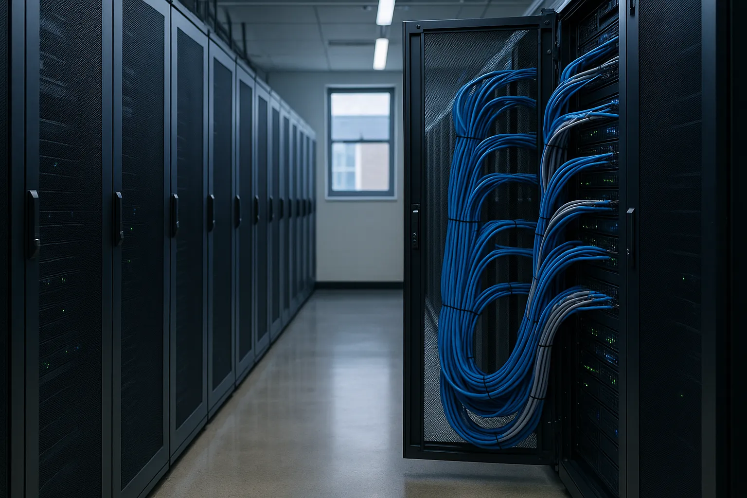 An aisle of server racks in a data center with one rack door open on bundled blue network cables and a window at the far end