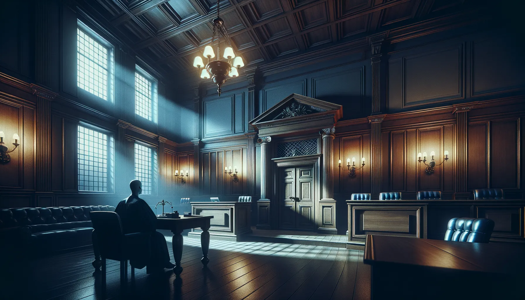 Darkened European courtroom interior with dramatic lighting symbolizing the Intellexa spyware trial
