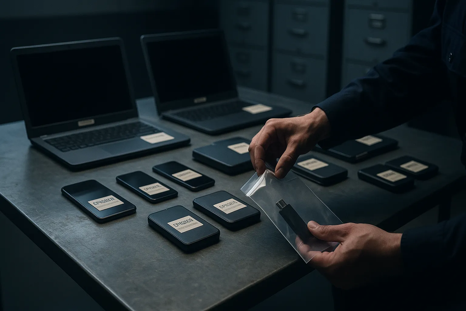 Seized laptops, hard drives, and mobile phones laid out as evidence on a metal table under harsh overhead lighting representing INTERPOL cybercrime enforcement action