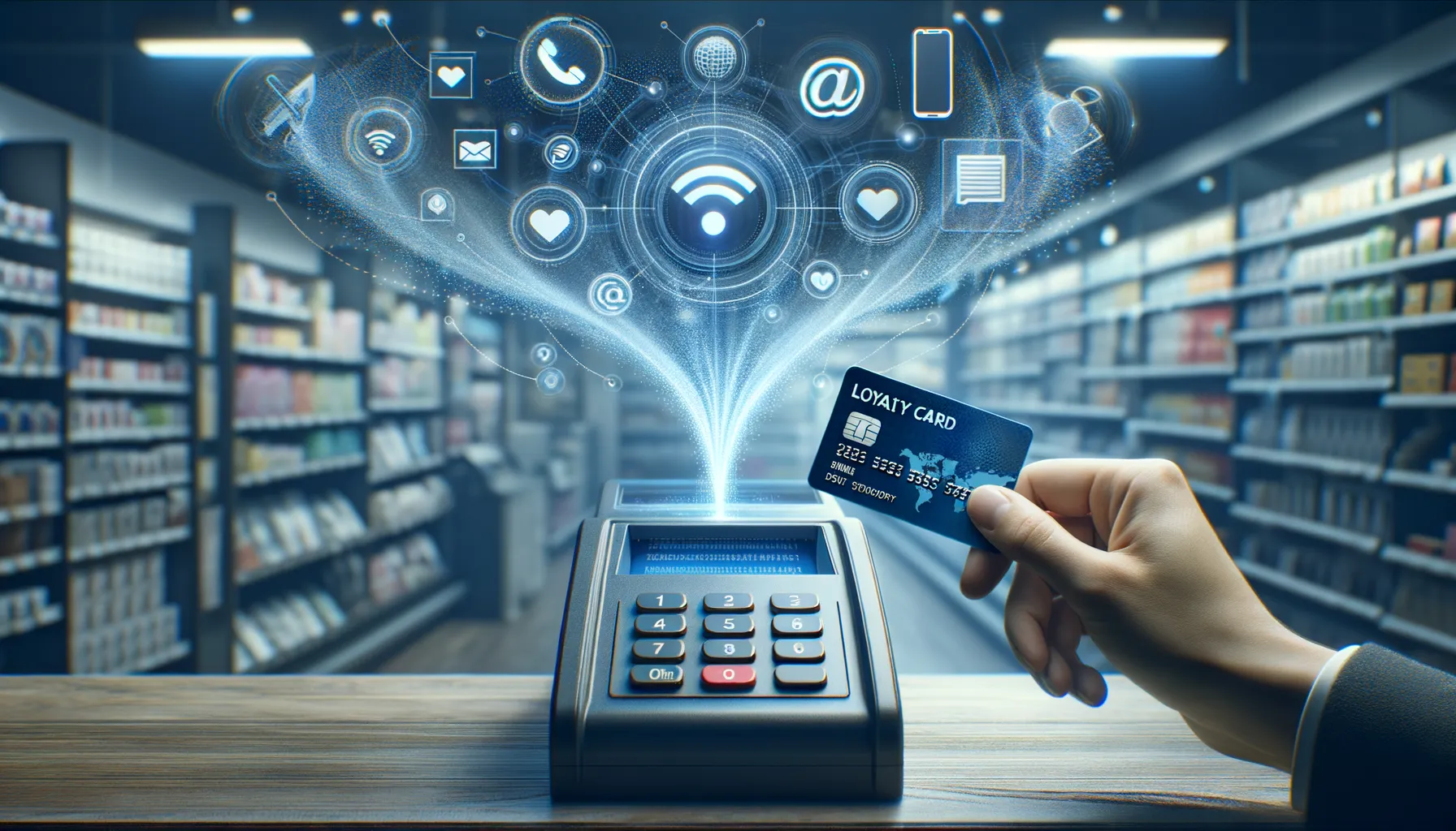 Loyalty card being scanned with data flowing to social media platform