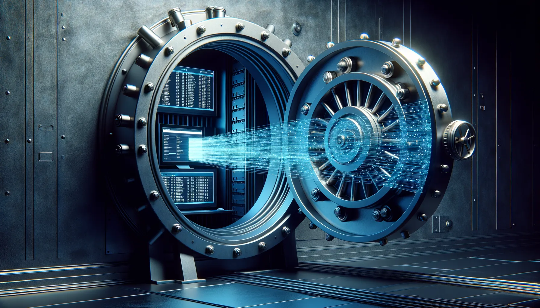 Bank vault door slightly open with digital data streams leaking through, representing an insider data breach