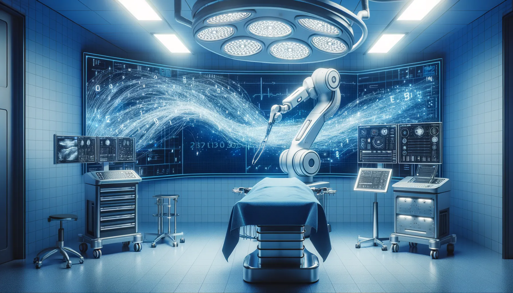 A modern surgical operating room with a robotic surgery arm, with a monitor in the background displaying data records flowing across the screen