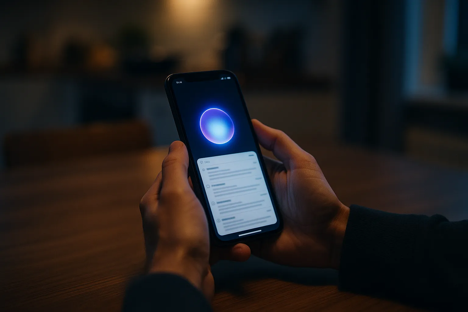 A person at a kitchen table in the evening holding an iPhone showing a voice assistant over an open email inbox