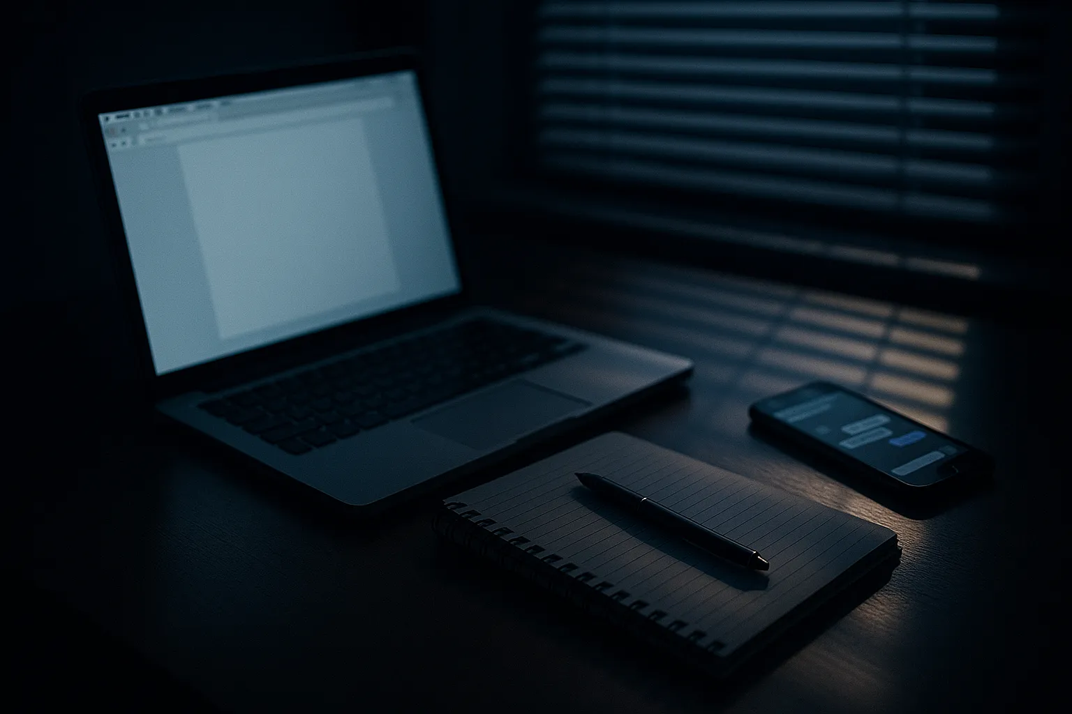 A journalist's dimly lit desk at night with an open laptop, a notebook, and a phone face up showing a messaging app, with slats of light from a half drawn blind